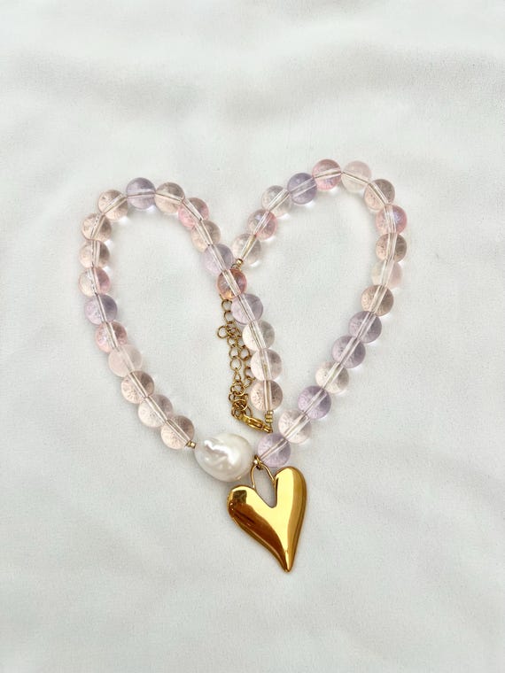Heart pendant light pink glass bead Baroque pearl necklace