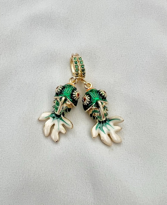 Green Cloisonné Koi goldfish cubic zirconia stone gold mini hoops