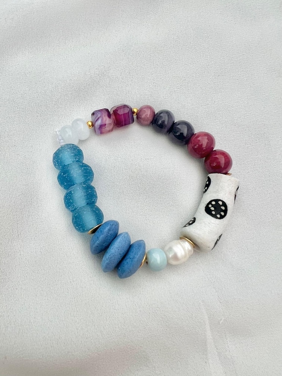 Blue burgundy mixed beaded bracelet