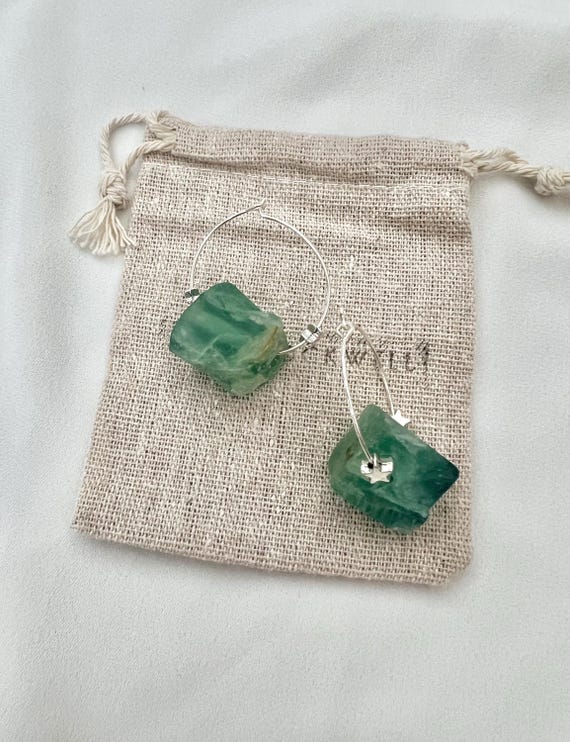 Fluorite crystal gemstone star thin silver hoop earrings