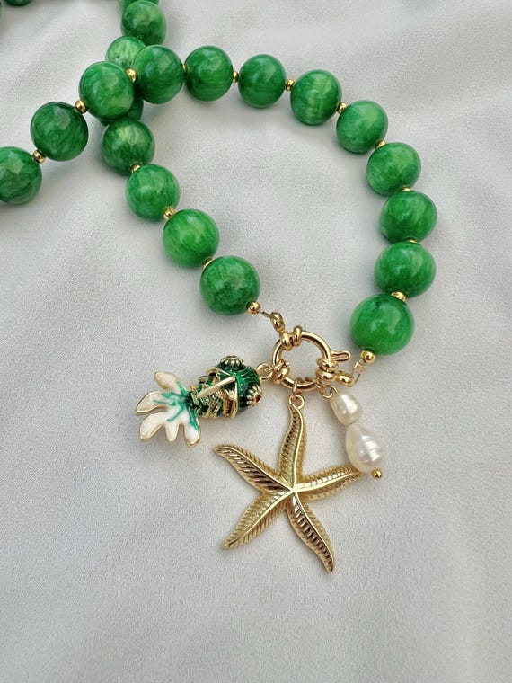 Cloisonne goldfish starfish pearl large green Jade stone bead gold necklace