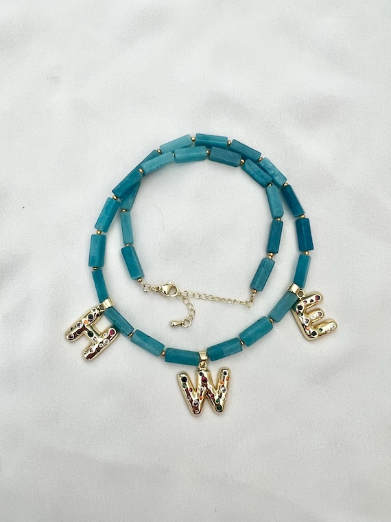 Custom gold Zircon letter blue Jade crystal beaded gold necklace