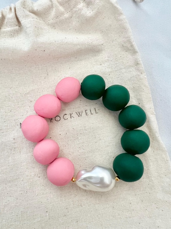 Pink green large handmade bead pearl bracelet