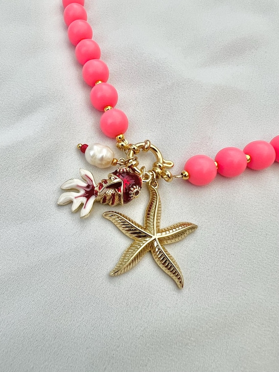 Red Cloisonné goldfish starfish pendants pearl pink bead gold necklace