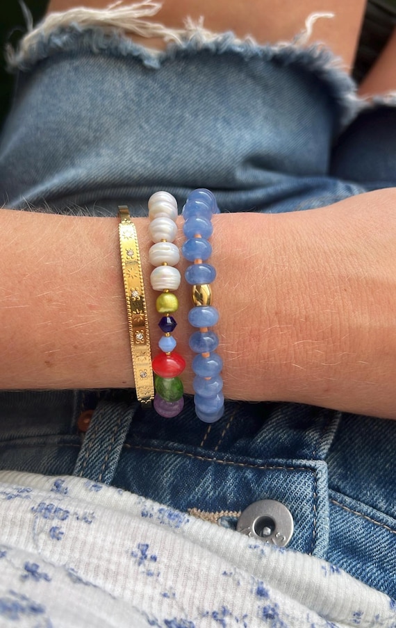 Baroque freshwater pearl multicoloured glass bead gold bracelet