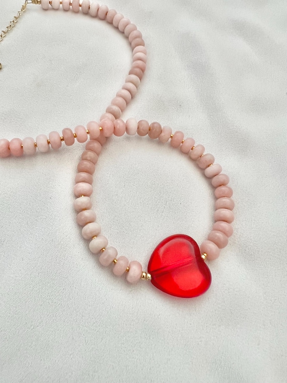 Rose Quartz red glass heart beaded gold necklace