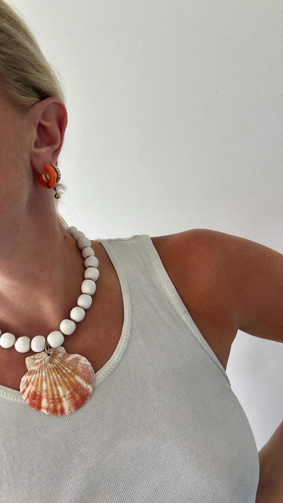 Handmade white clay bead scallop shell gold necklace