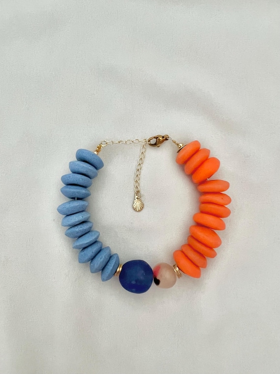 Recycled African orange blue glass bead bracelet