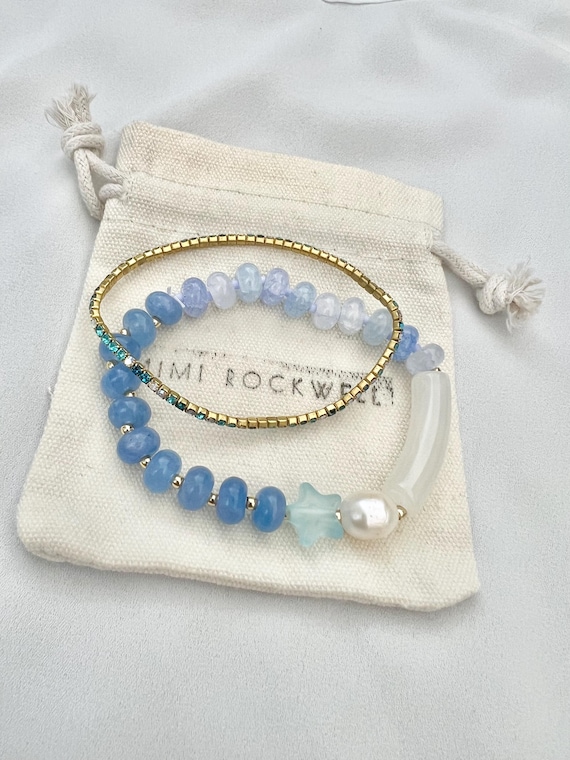 Aquamarine pearl glass bead and blue rhinestone tennis bracelet set