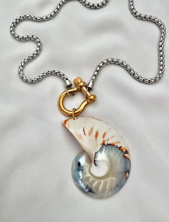 Ice blue white large unique Nautilus shell gold silver chain necklace