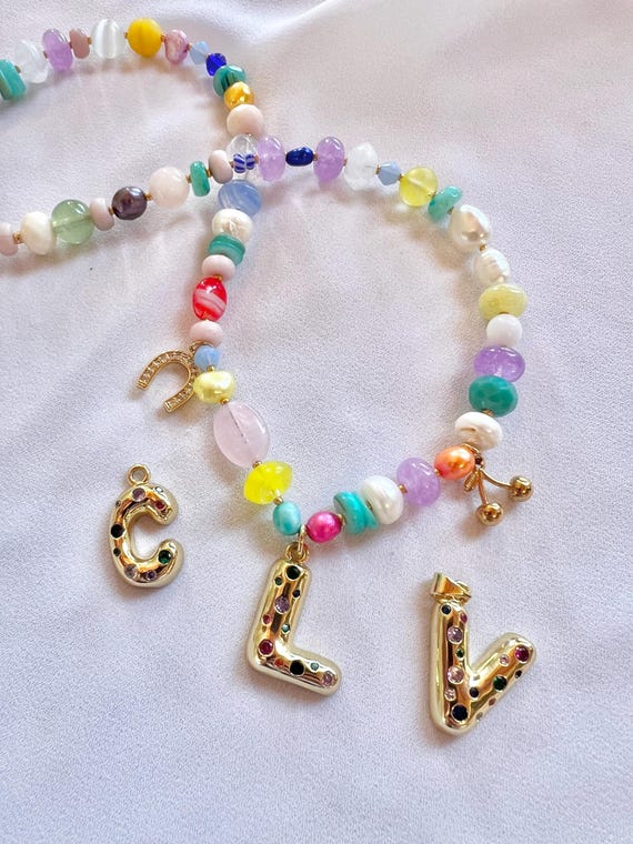 Kids initial charm multicoloured pearl glass bead magnetic lock necklace