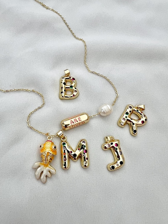 Orange Cloisonné goldfish custom Cubic Zirconia bubble letter You are loved pendant pearl gold necklace
