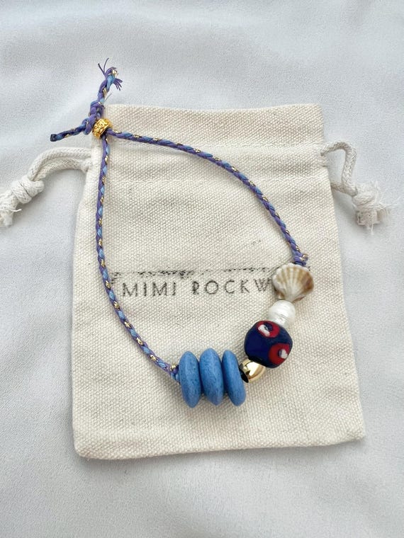 Recycled African glass bead pearl shell blue string gold bracelet