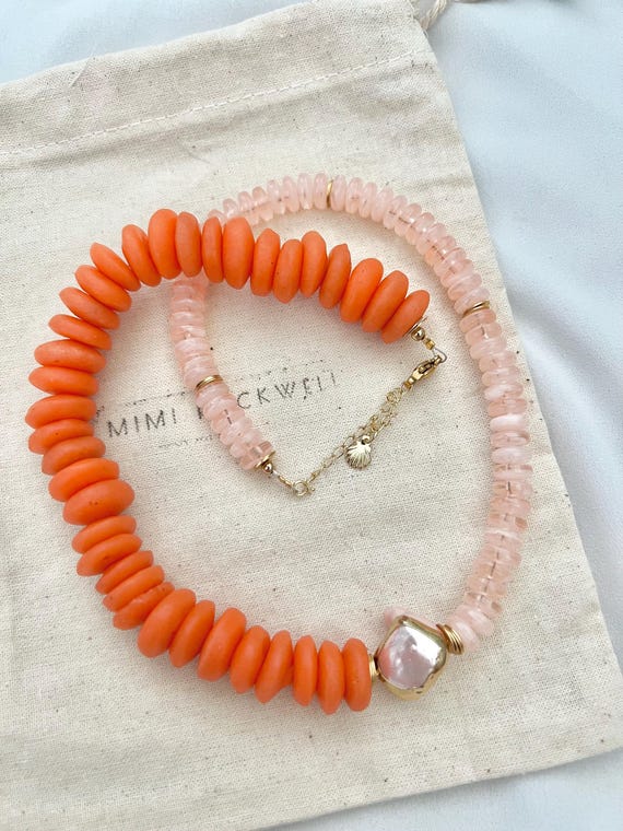 Pink Baroque pearl recycled orange African glass pink bead gold necklace