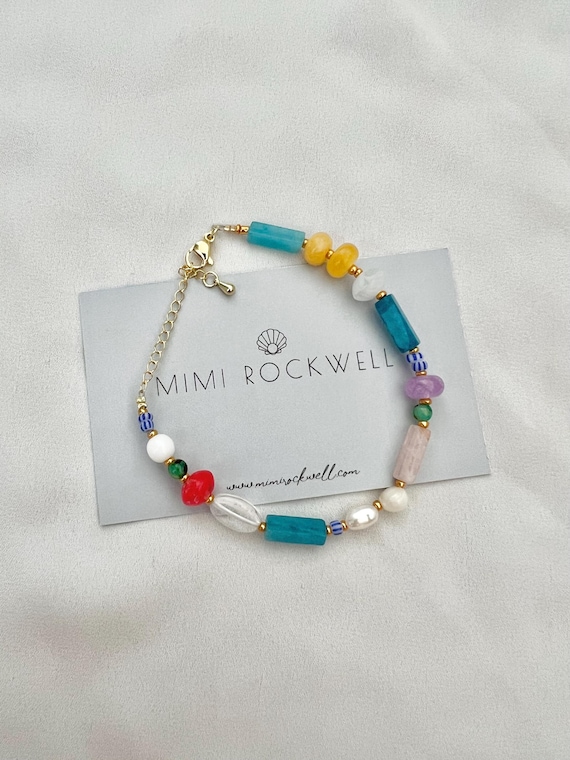 Multicoloured pearl gemstone and glass bead gold bracelet
