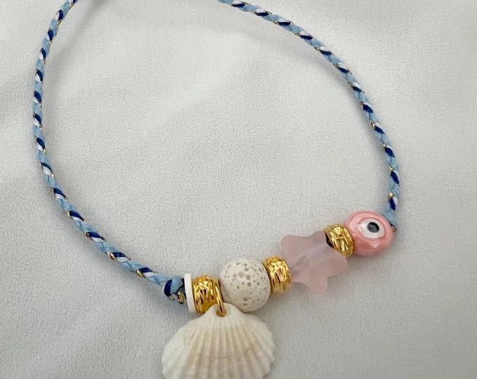 Pink evil eye star shell blue string adjustable bracelet