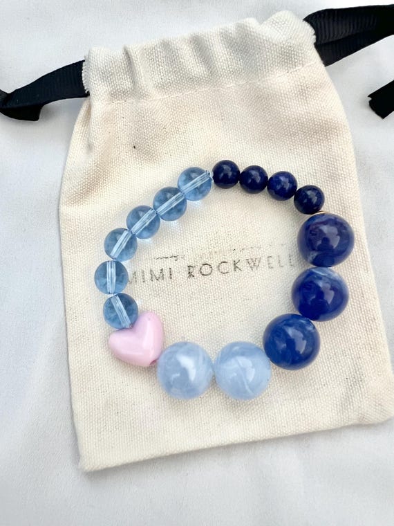Pink heart sky and dark blue large acrylic and glass bead bracelet