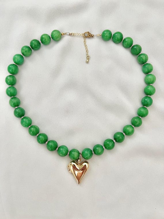 Gold heart locket charm large green Jade stone bead gold necklace