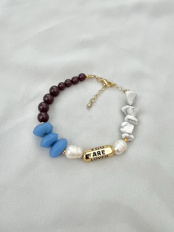 You are loved gold charm pearl Howlite gemstone blue glass brown bead bracelet
