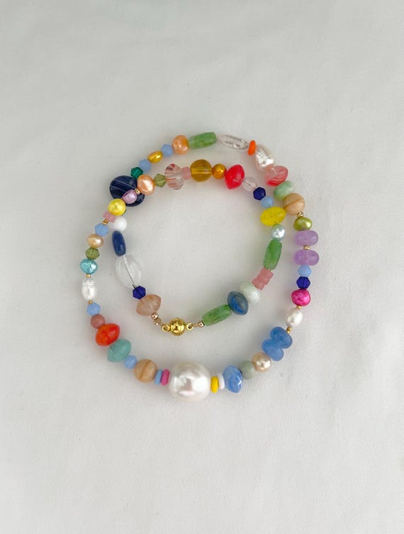 Baroque pearl multicoloured beaded gold necklace