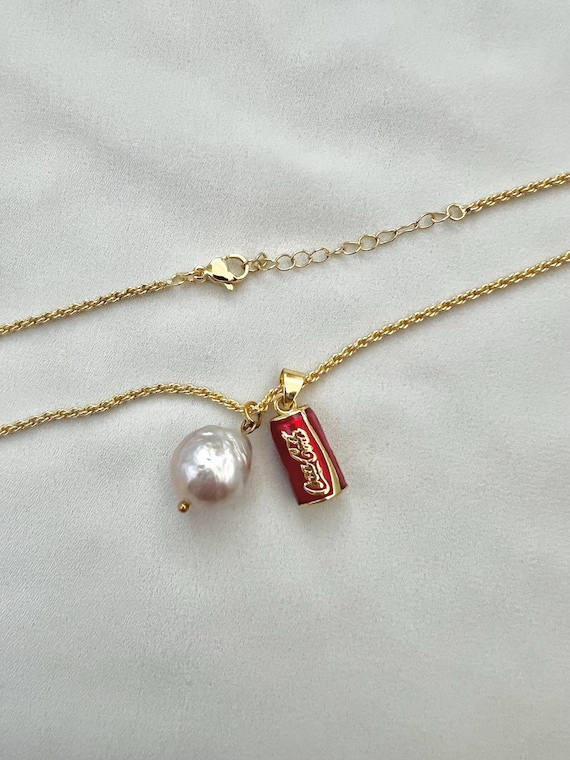 Mini gold plated Coca Cola can pendant Baroque pearl gold chain necklace