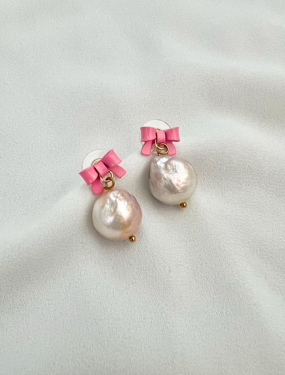 Large near round Baroque pearl pink bow earrings
