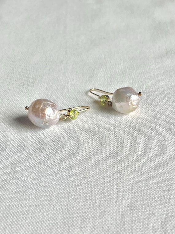 Large near round Baroque pearl green Zircon gold earrings