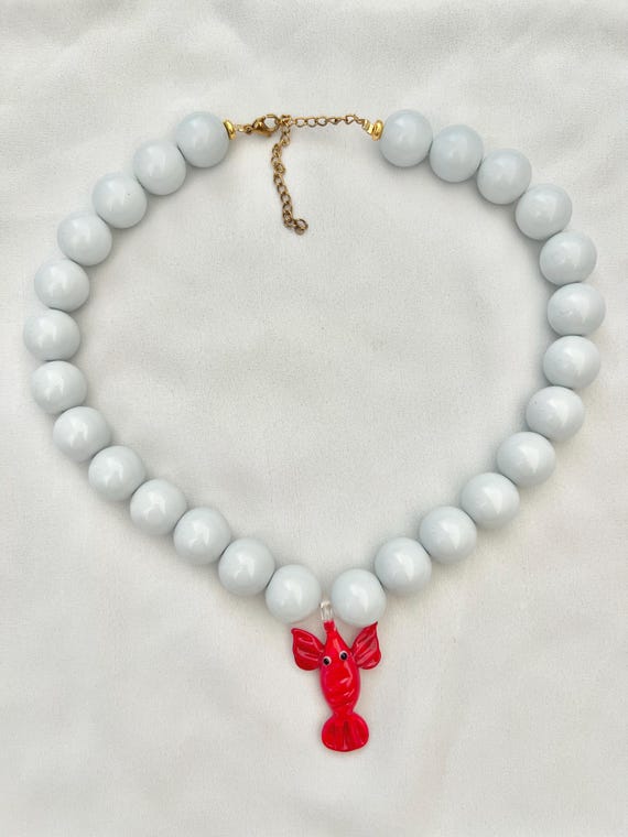 Lobster pendant grey pale blue large bead glass necklace
