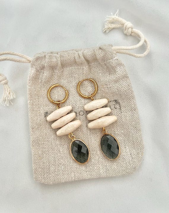 Dark glass crystal ceramic bead gold hoop earrings