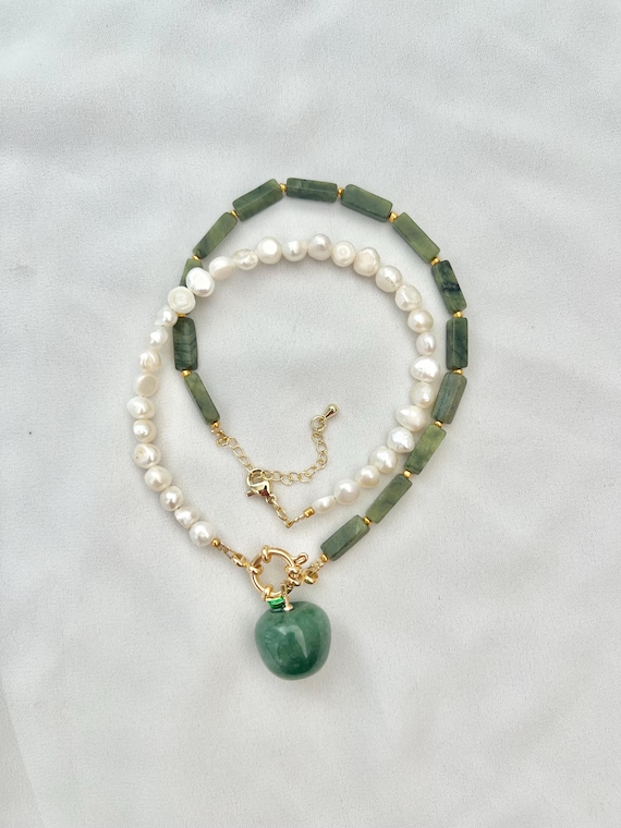 Pearl and green gemstone apple pendant and bead gold necklace