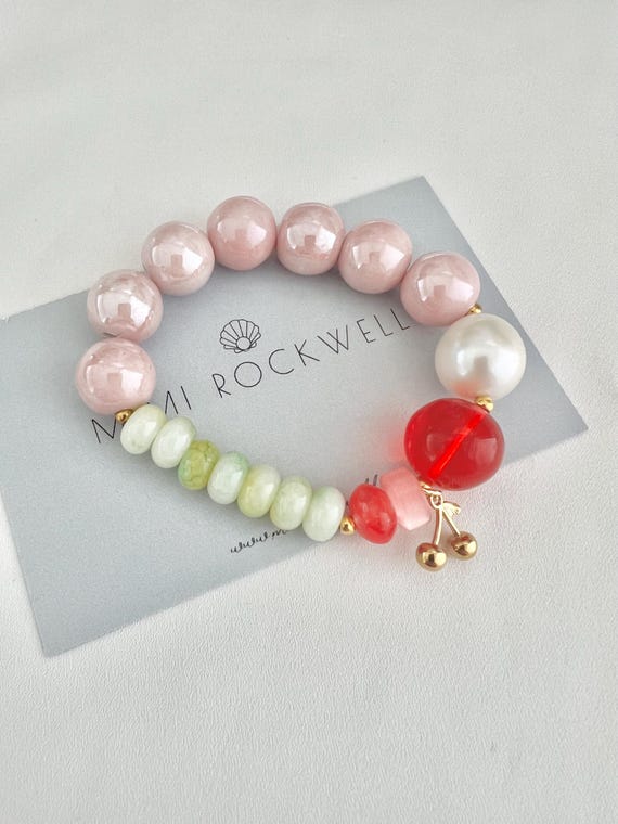 Baroque pearl glass gold cherry pendant beaded elastic bracelet