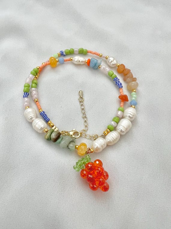 Cloudberry charm Freshwater pearl crystal glass beaded gold necklace