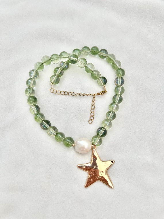 Star pendant green clear glass bead Baroque pearl necklace