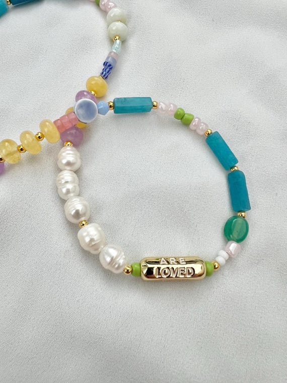 You are loved charm Freshwater pearl blue Jade crystal beaded gold necklace