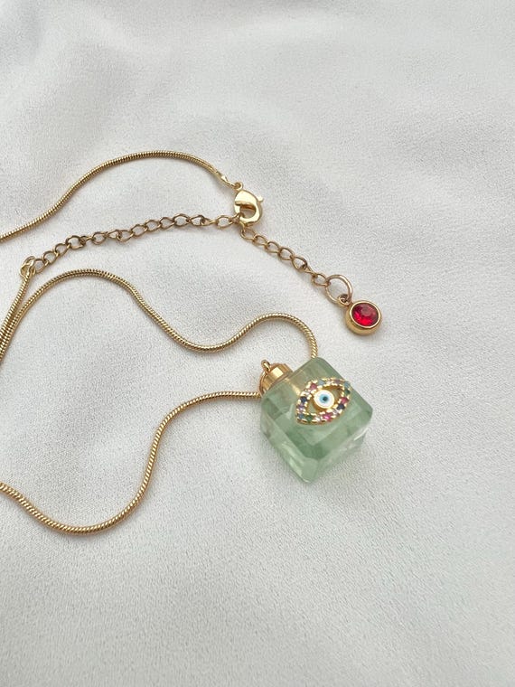 Fluorite crystal bottle evil eye gold chain necklace