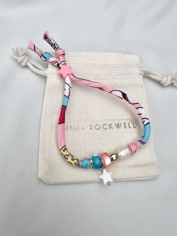 Pink recycled scarf string pearl star bead bracelet