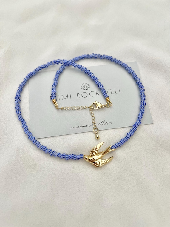 Swallow pendant blue white seed beaded gold necklace