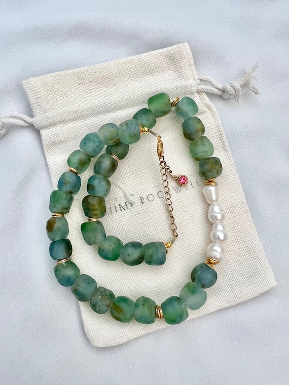 Recycled ocean green African glass bead Freshwater pearl gold necklace