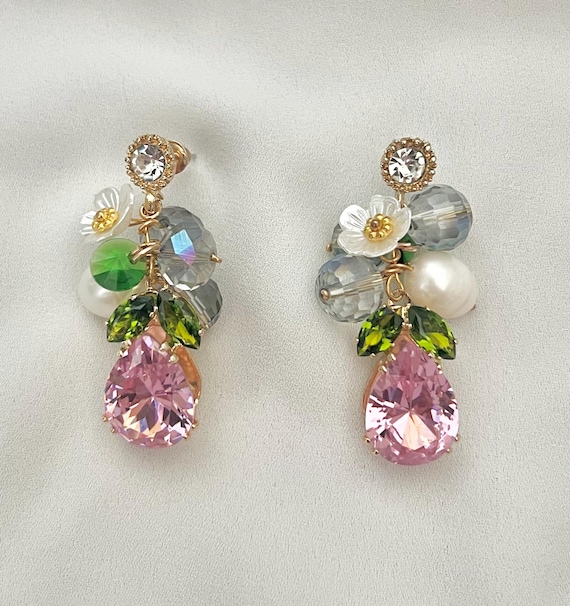 Flower glass bead crystal pearl cluster Zircon berry gold stud earrings