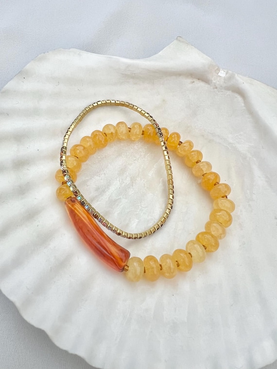 Yellow glass acrylic bead and rhinestone tennis bracelet set