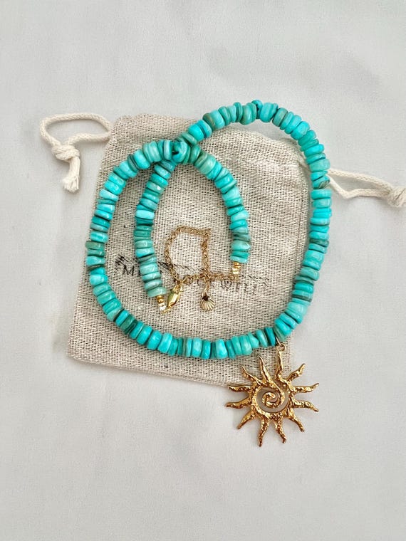 Celestial sun pendant shell turquoise Freshwater shell bead necklace