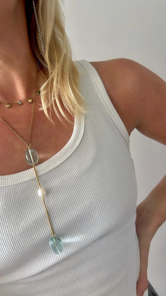 Light aqua blue Obsidian stone pearl Y shaped gold chain necklace