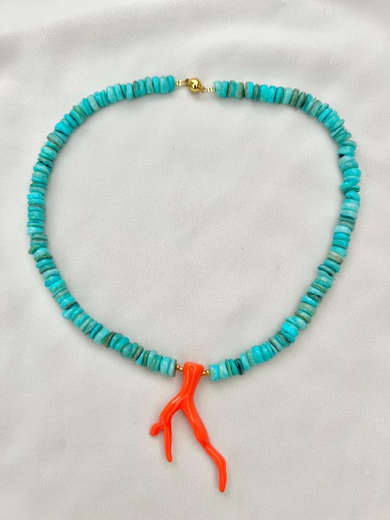 Coral pendant turquoise Freshwater shell bead necklace