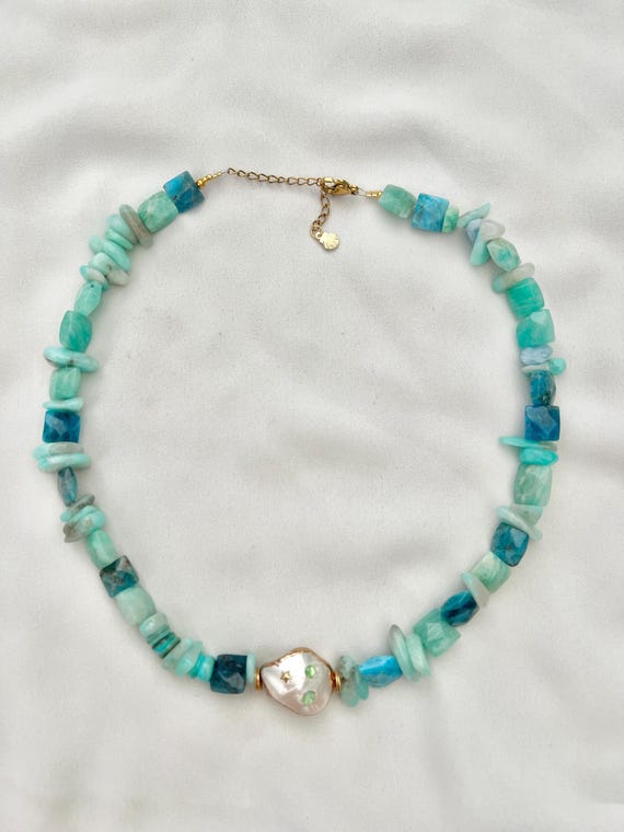 Apatite and Amazonite crystal beaded Baroque pearl gold necklace