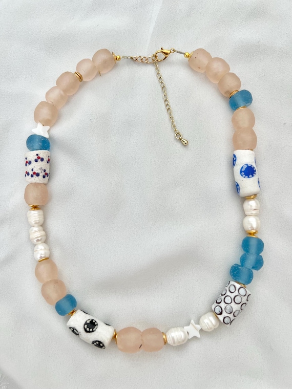 Recycled patterned tribal pink blue African glass bead Freshwater pearl gold necklace