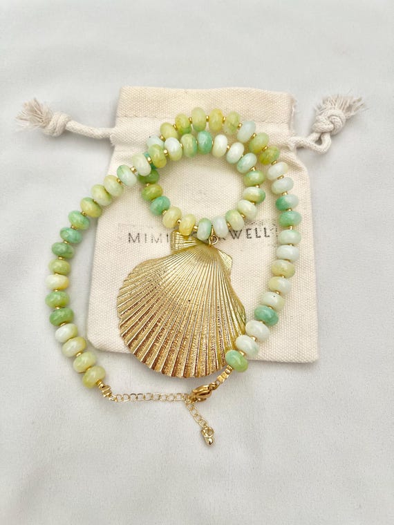 Gold dipped scallop shell light green glass beaded gold necklace