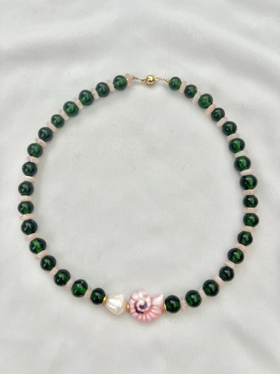 Green pink glass beaded Baroque pearl shell necklace
