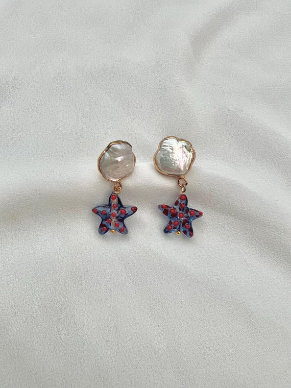 Pearl stud starfish glass drop earrings