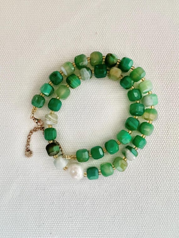 Green Peridot Stripe Agate gemstone bead baroque pearl necklace