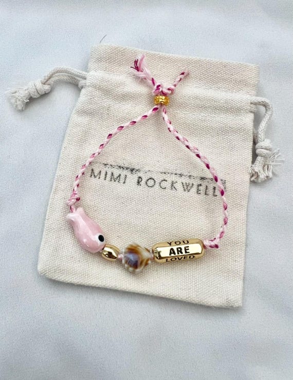 You are loved pink bead shell fish pink string gold bracelet
